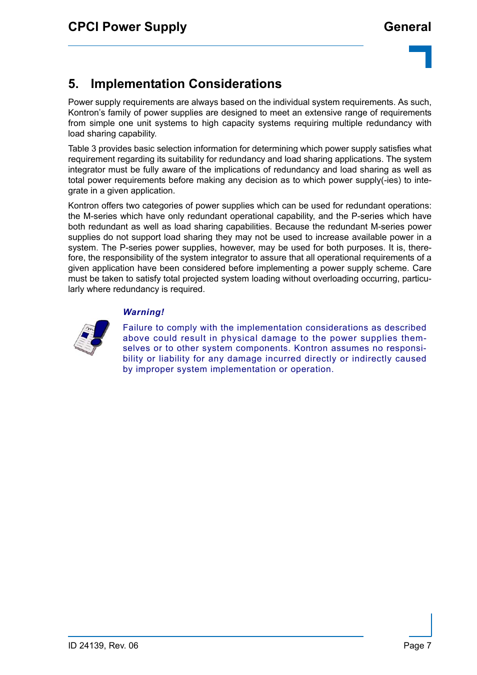 Implementation considerations, Cpci power supply general | Kontron CPCI User Manual | Page 21 / 22