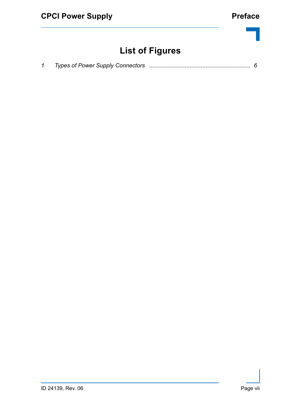 List of figures, 1 types of power supply connectors 6, Cpci power supply preface | Kontron CPCI User Manual | Page 7 / 22