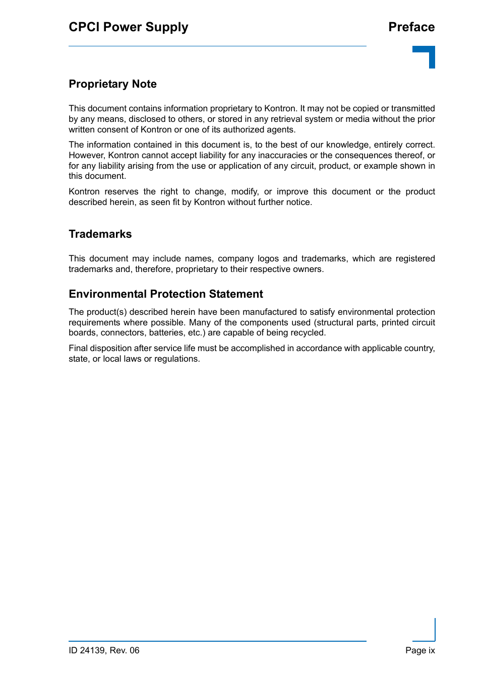 Proprietary note, Trademarks, Environmental protection statement | Cpci power supply preface | Kontron CPCI User Manual | Page 9 / 22