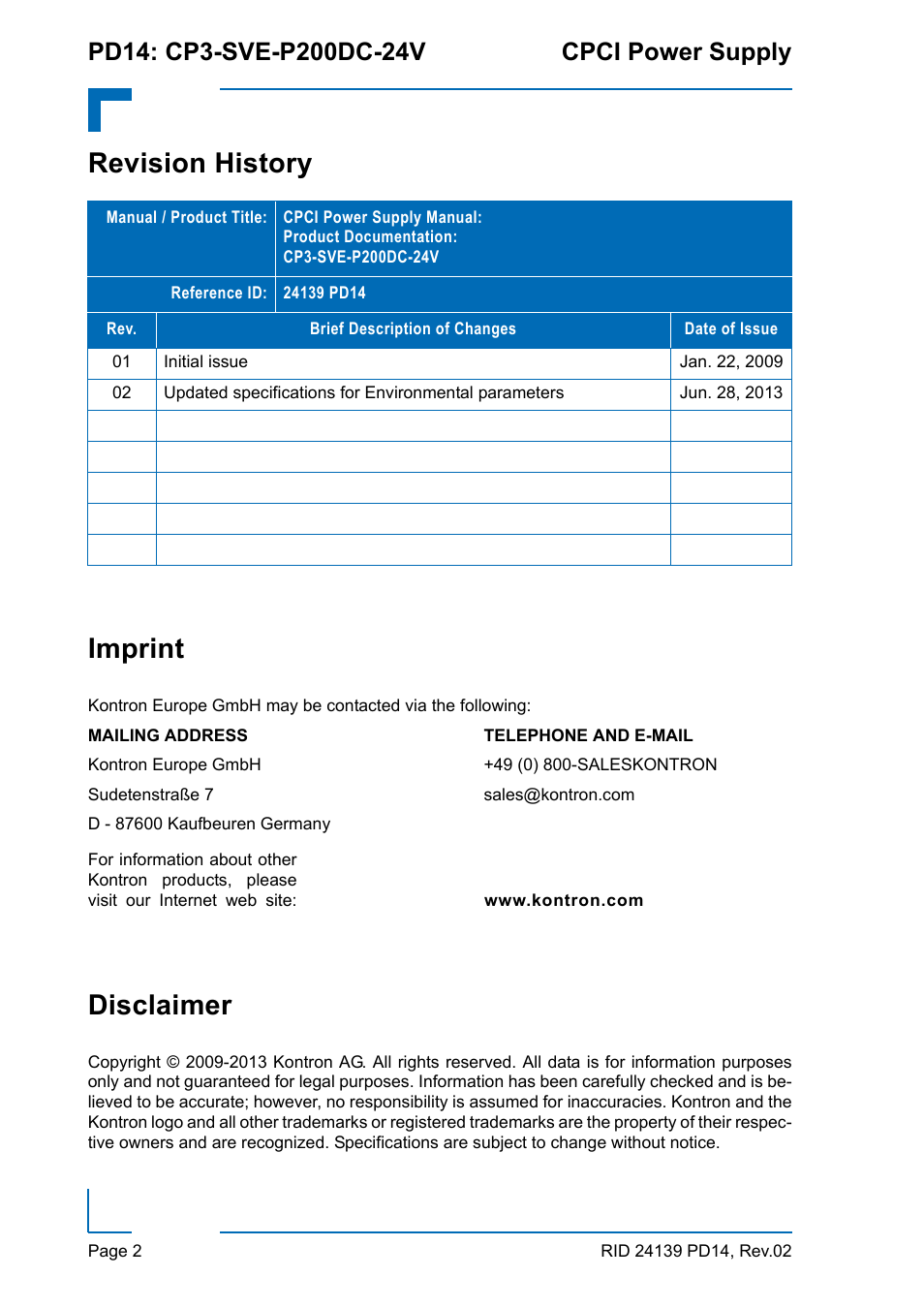 Revision history imprint, Disclaimer | Kontron CP3-SVE-P200DC-24V User Manual | Page 2 / 10