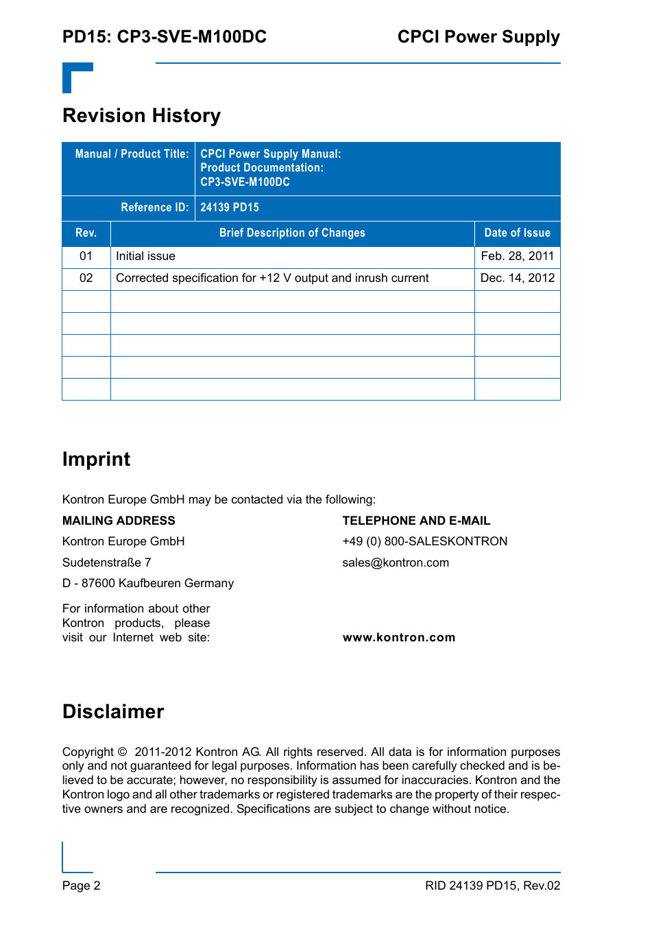 Revision history imprint, Disclaimer | Kontron CP3-SVE-M100DC User Manual | Page 2 / 12