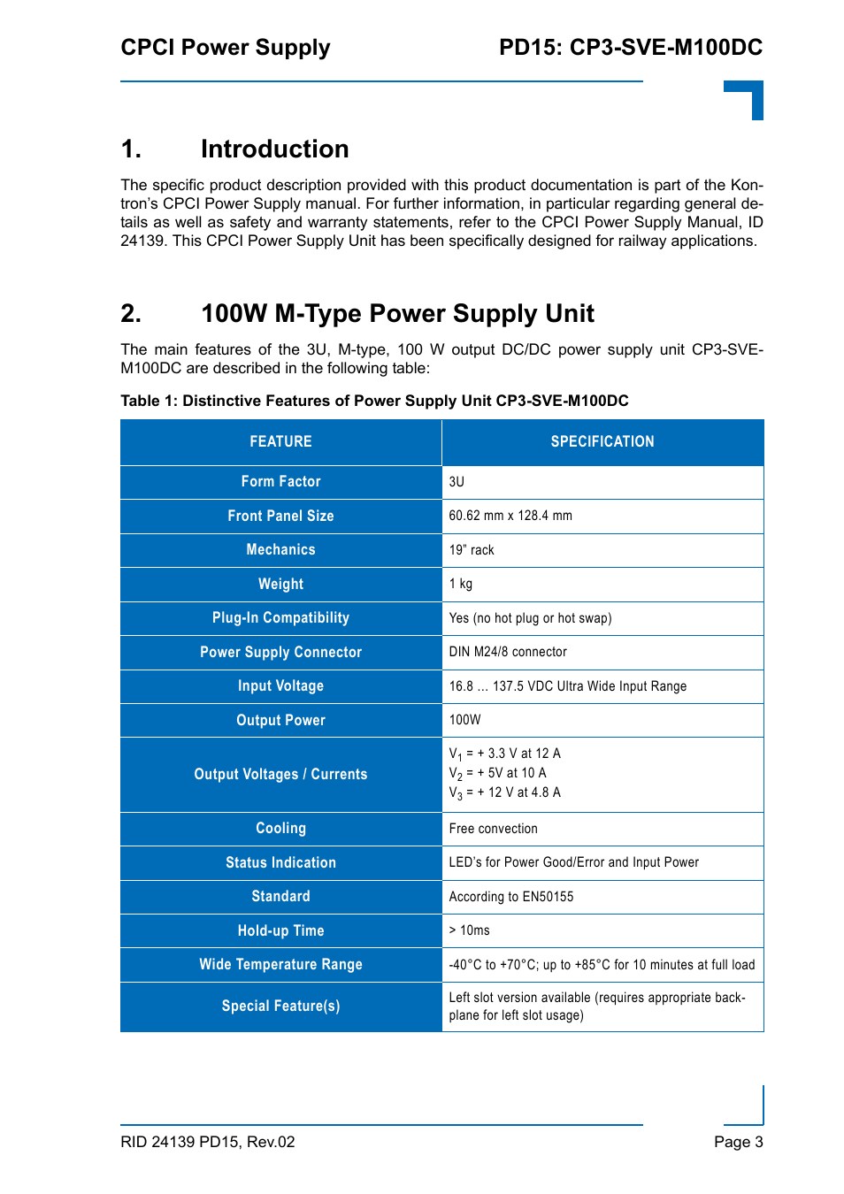 Introduction, 100w m-type power supply unit | Kontron CP3-SVE-M100DC User Manual | Page 3 / 12