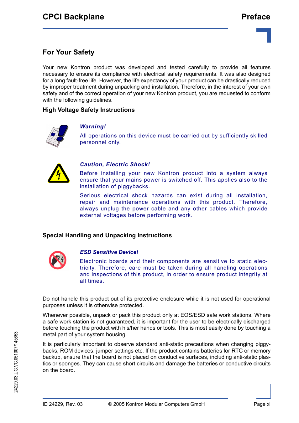 For your safety, High voltage safety instructions, Special handling and unpacking instructions | Cpci backplane preface | Kontron CPCI Backplane User Manual | Page 11 / 30