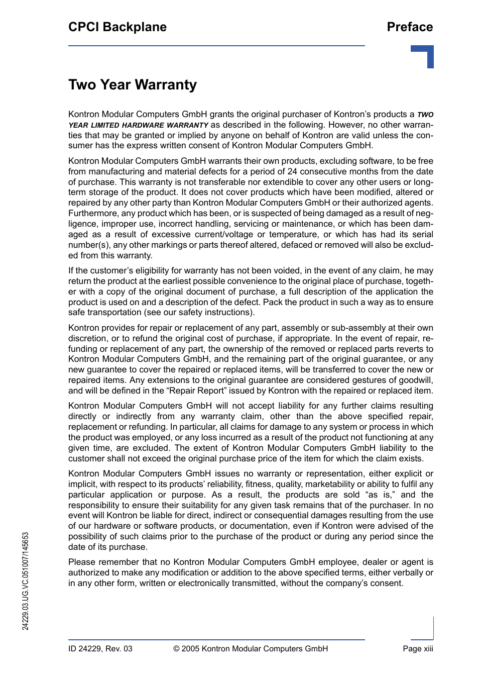 Two year warranty, Cpci backplane preface | Kontron CPCI Backplane User Manual | Page 13 / 30