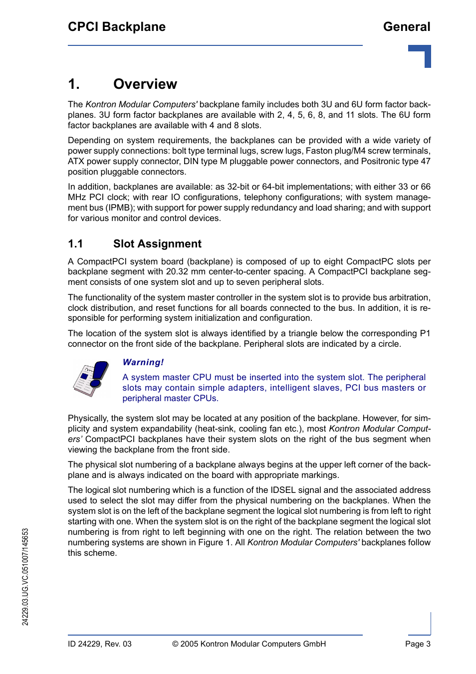 Overview, 1 slot assignment, Cpci backplane general | Kontron CPCI Backplane User Manual | Page 17 / 30