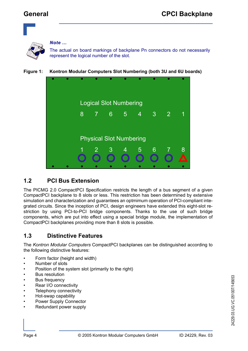 2 pci bus extension, 3 distinctive features, 2 pci bus extension 1.3 distinctive features | General cpci backplane | Kontron CPCI Backplane User Manual | Page 18 / 30