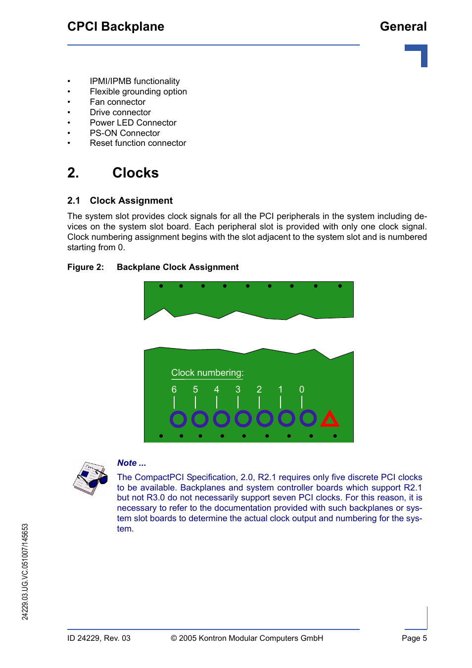 Clocks, 1 clock assignment, Backplane clock assignment | Cpci backplane general | Kontron CPCI Backplane User Manual | Page 19 / 30