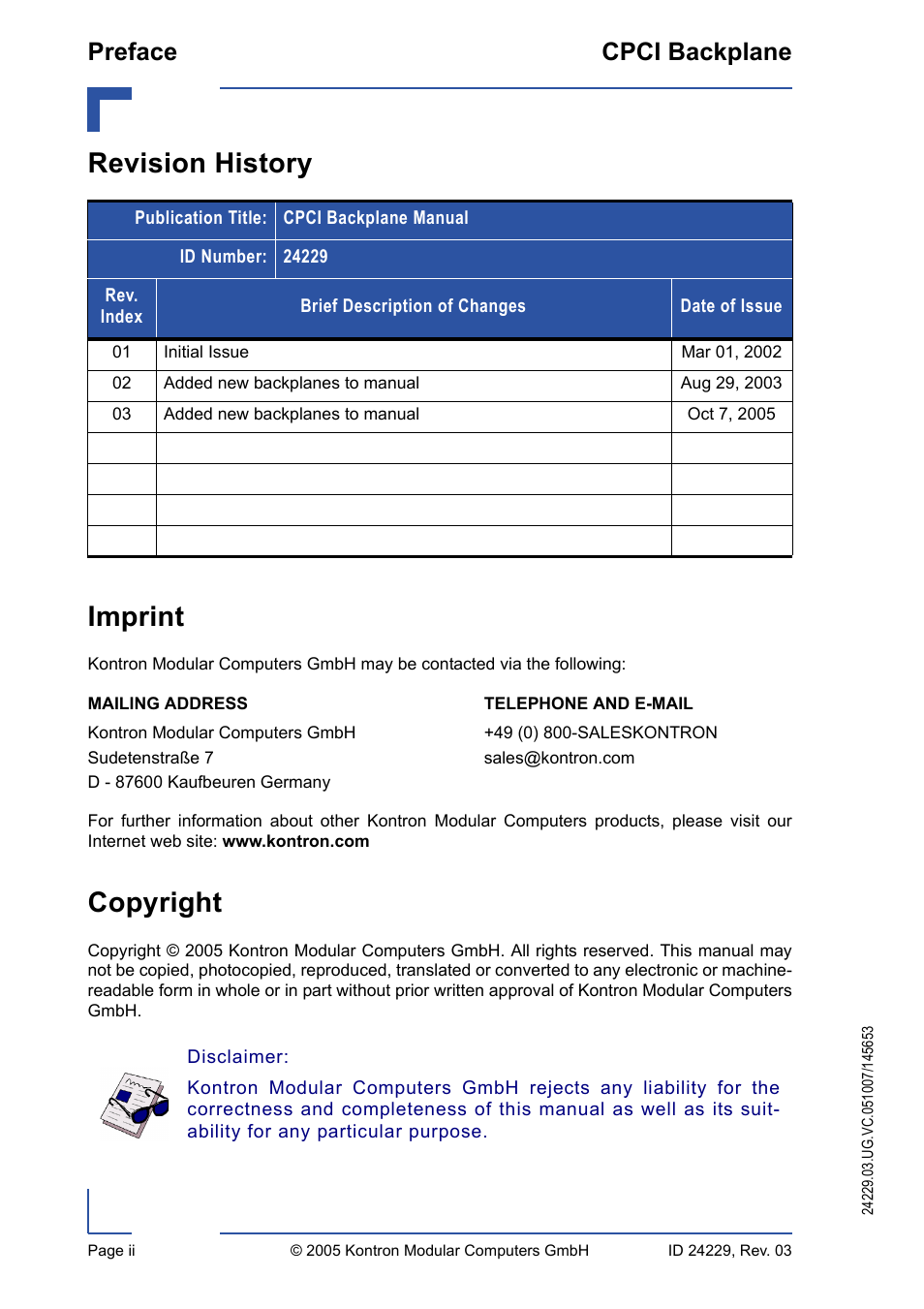 Revision history, Imprint, Copyright | Revision history imprint, Preface cpci backplane | Kontron CPCI Backplane User Manual | Page 2 / 30