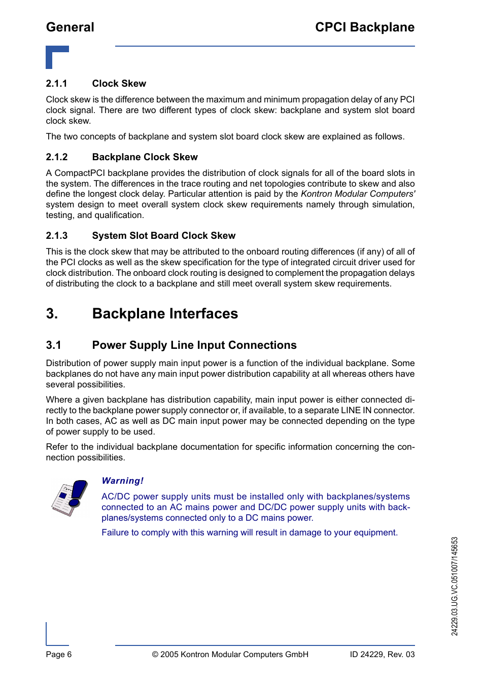 1 clock skew, 2 backplane clock skew, 3 system slot board clock skew | Backplane interfaces, 1 power supply line input connections, Clock skew, Backplane clock skew, System slot board clock skew, General cpci backplane | Kontron CPCI Backplane User Manual | Page 20 / 30