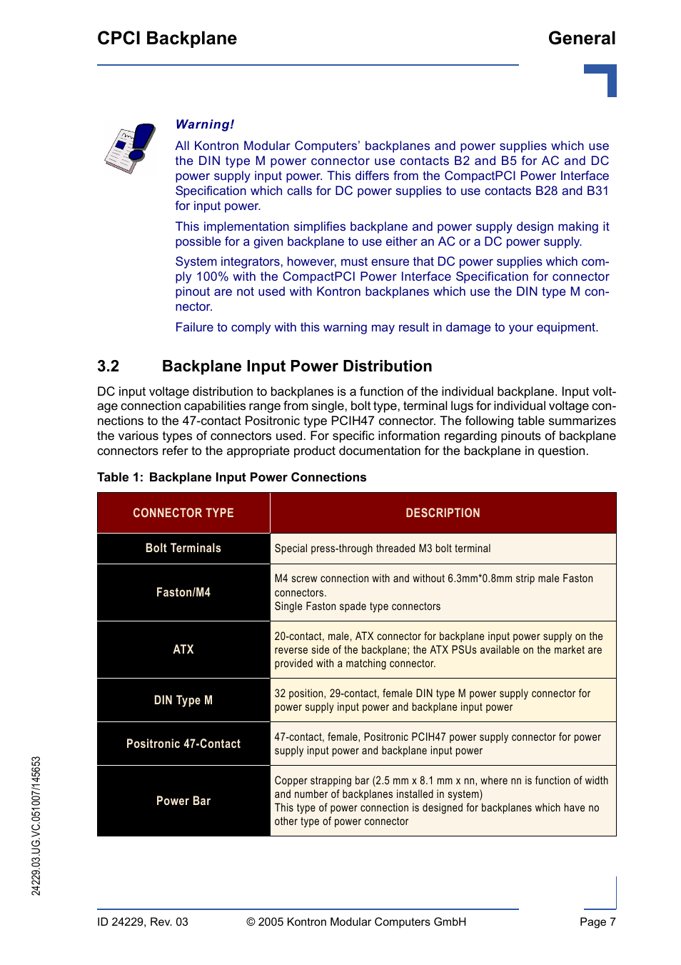 2 backplane input power distribution, Backplane input power connections, Cpci backplane general | Kontron CPCI Backplane User Manual | Page 21 / 30