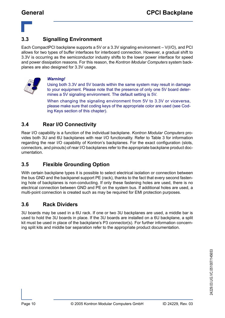 3 signalling environment, 4 rear i/o connectivity, 5 flexible grounding option | 6 rack dividers, General cpci backplane | Kontron CPCI Backplane User Manual | Page 24 / 30