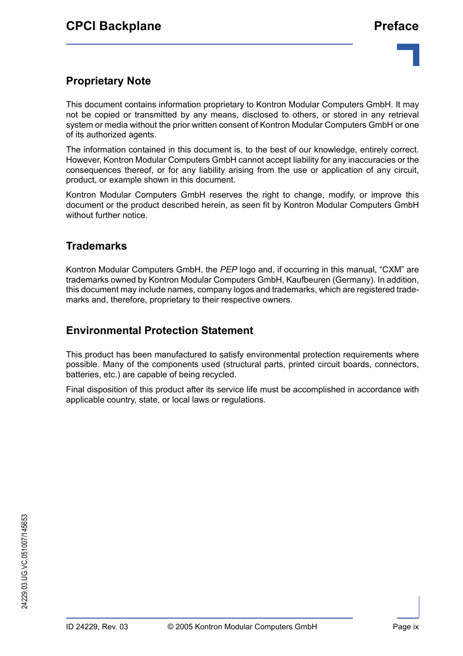 Proprietary note, Trademarks, Environmental protection statement | Cpci backplane preface | Kontron CPCI Backplane User Manual | Page 9 / 30