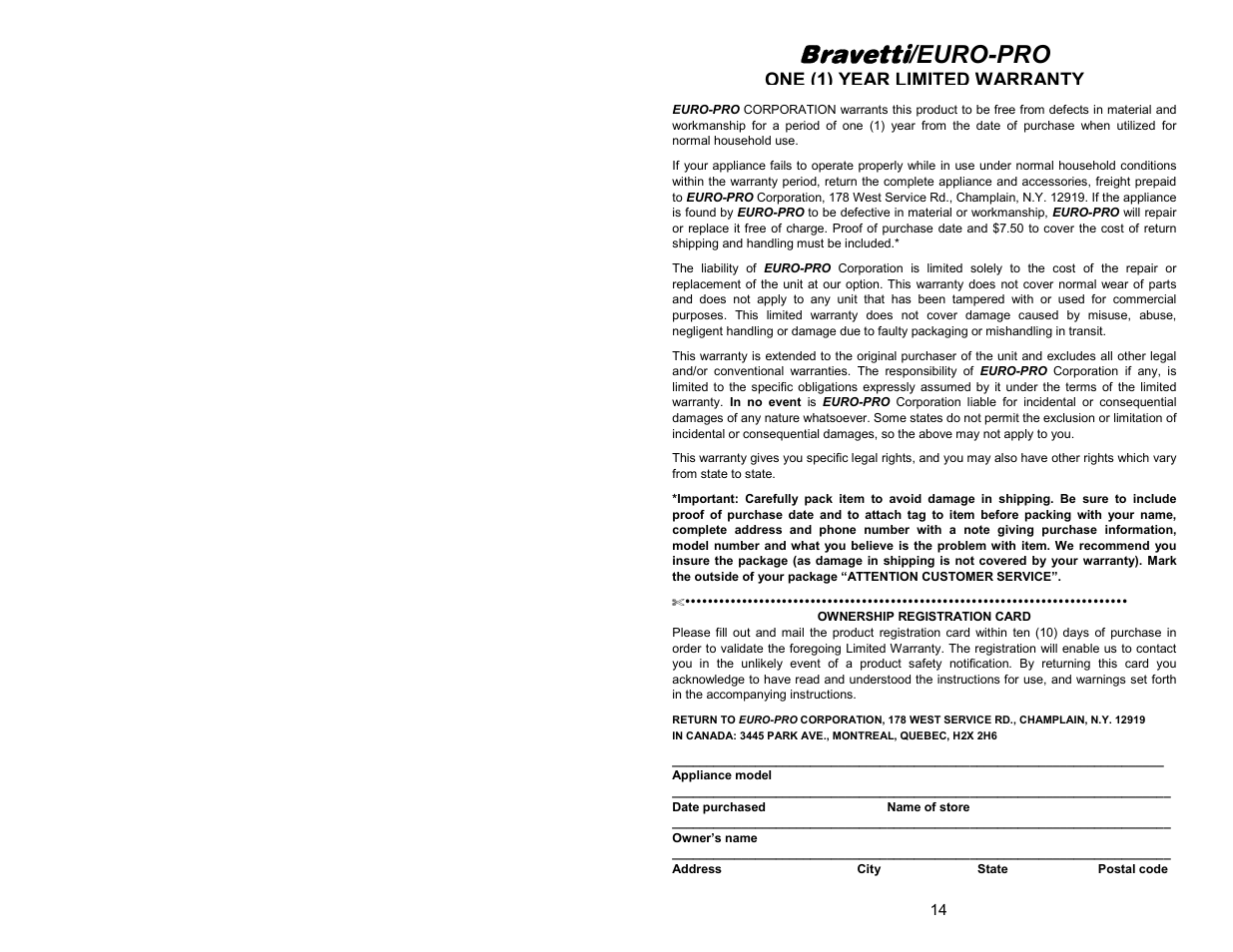 Bravetti, Euro-pro | Bravetti EP85 User Manual | Page 2 / 9