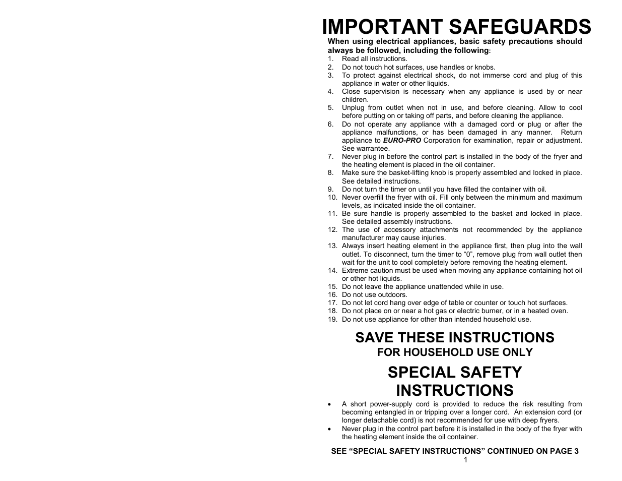 Important safeguards, Special safety instructions, Save these instructions | For household use only | Bravetti EP85 User Manual | Page 3 / 9