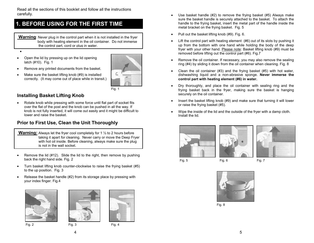 Before using for the first time, Installing basket lifting knob, Prior to first use, clean the unit thoroughly | Bravetti EP85 User Manual | Page 5 / 9