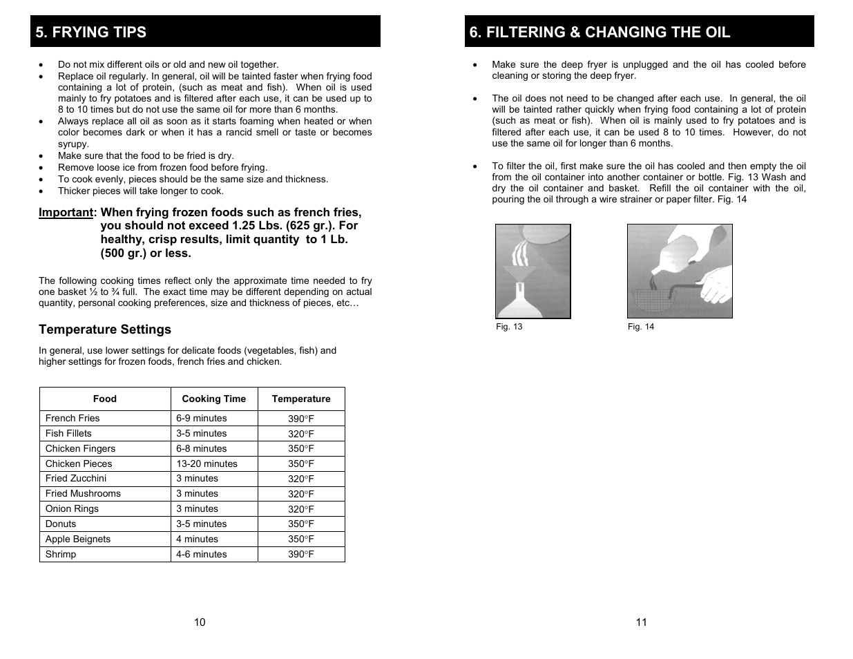 Frying tips, Filtering & changing the oil, Temperature settings | Bravetti EP85 User Manual | Page 8 / 9