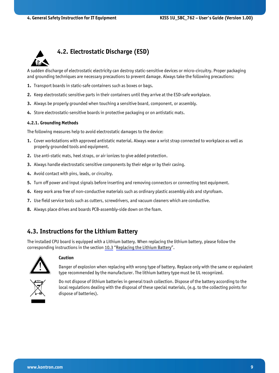 Electrostatic discharge (esd), Grounding methods, Instructions for the lithium battery | Kontron KISS 1U PCI 762 User Manual | Page 11 / 41
