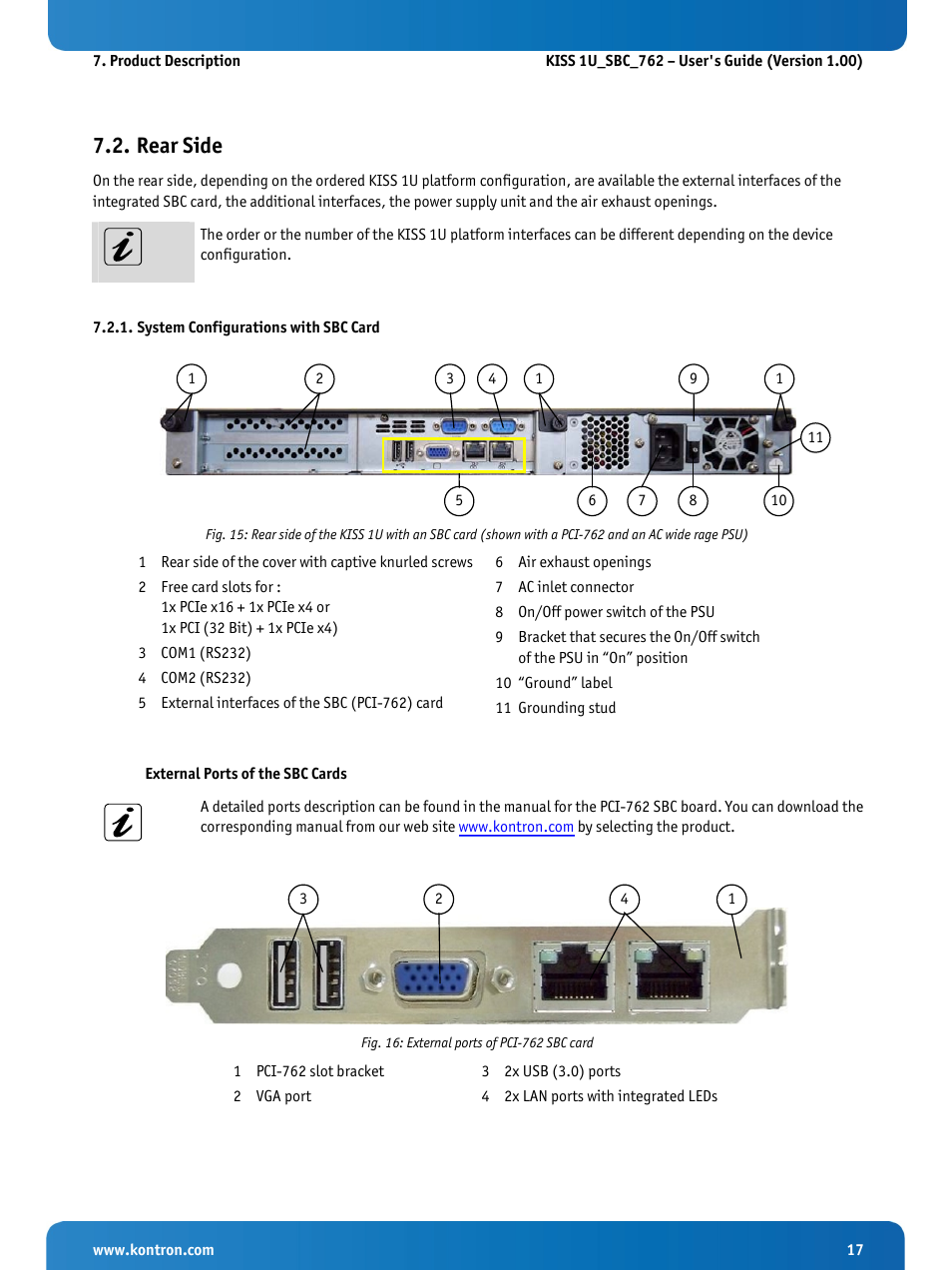 Rear side, System configurations with sbc card, Fig. 16: external ports of pci-762 sbc card | Fig. 15 | Kontron KISS 1U PCI 762 User Manual | Page 19 / 41