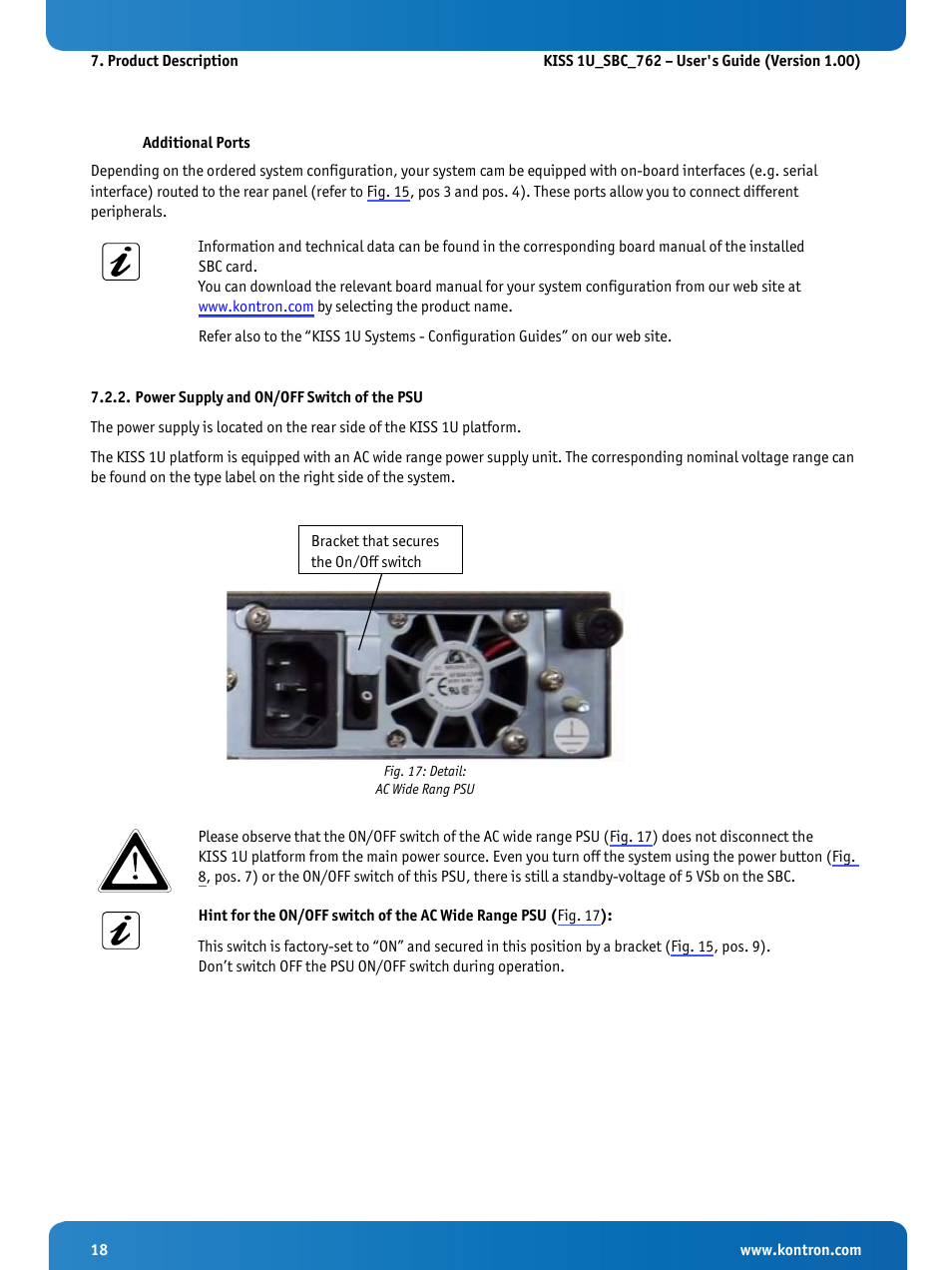 Power supply and on/off switch of the psu, Fig. 17: detail: ac wide rang psu, Fig. 17 | To the hint in the subsection 7.2.2 | Kontron KISS 1U PCI 762 User Manual | Page 20 / 41