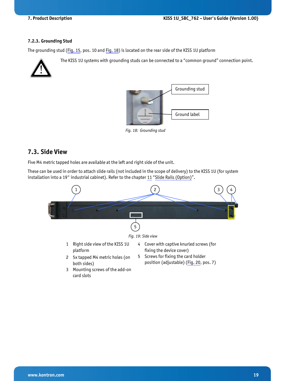 Grounding stud, Side view, Fig. 18: grounding stud | Fig. 19: side view | Kontron KISS 1U PCI 762 User Manual | Page 21 / 41