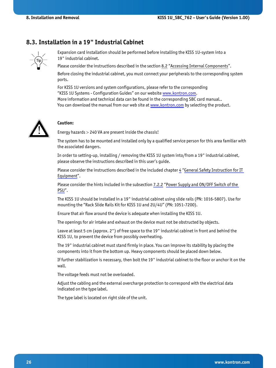 Installation in a 19" industrial cabinet | Kontron KISS 1U PCI 762 User Manual | Page 28 / 41