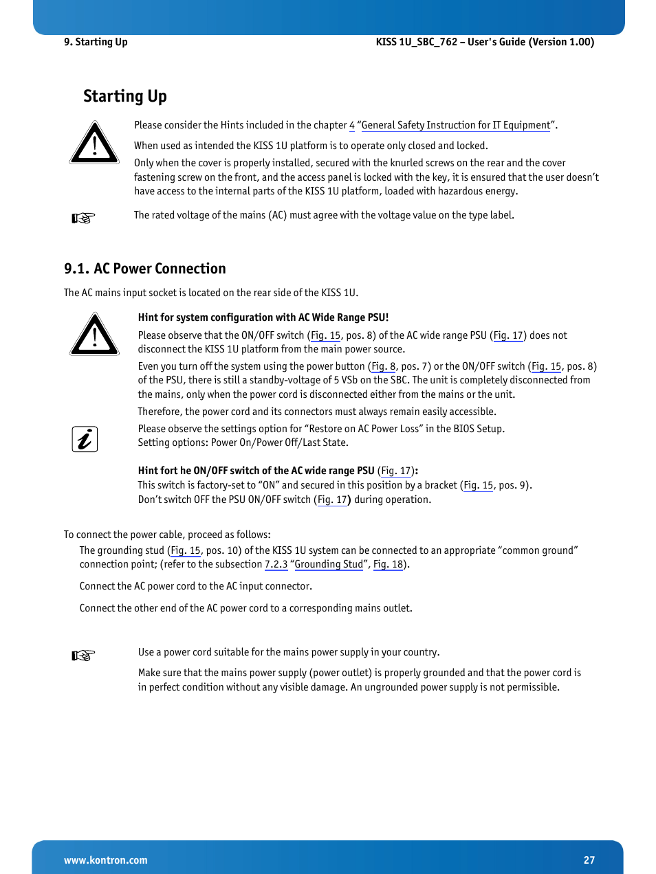 Starting up, Ac power connection | Kontron KISS 1U PCI 762 User Manual | Page 29 / 41