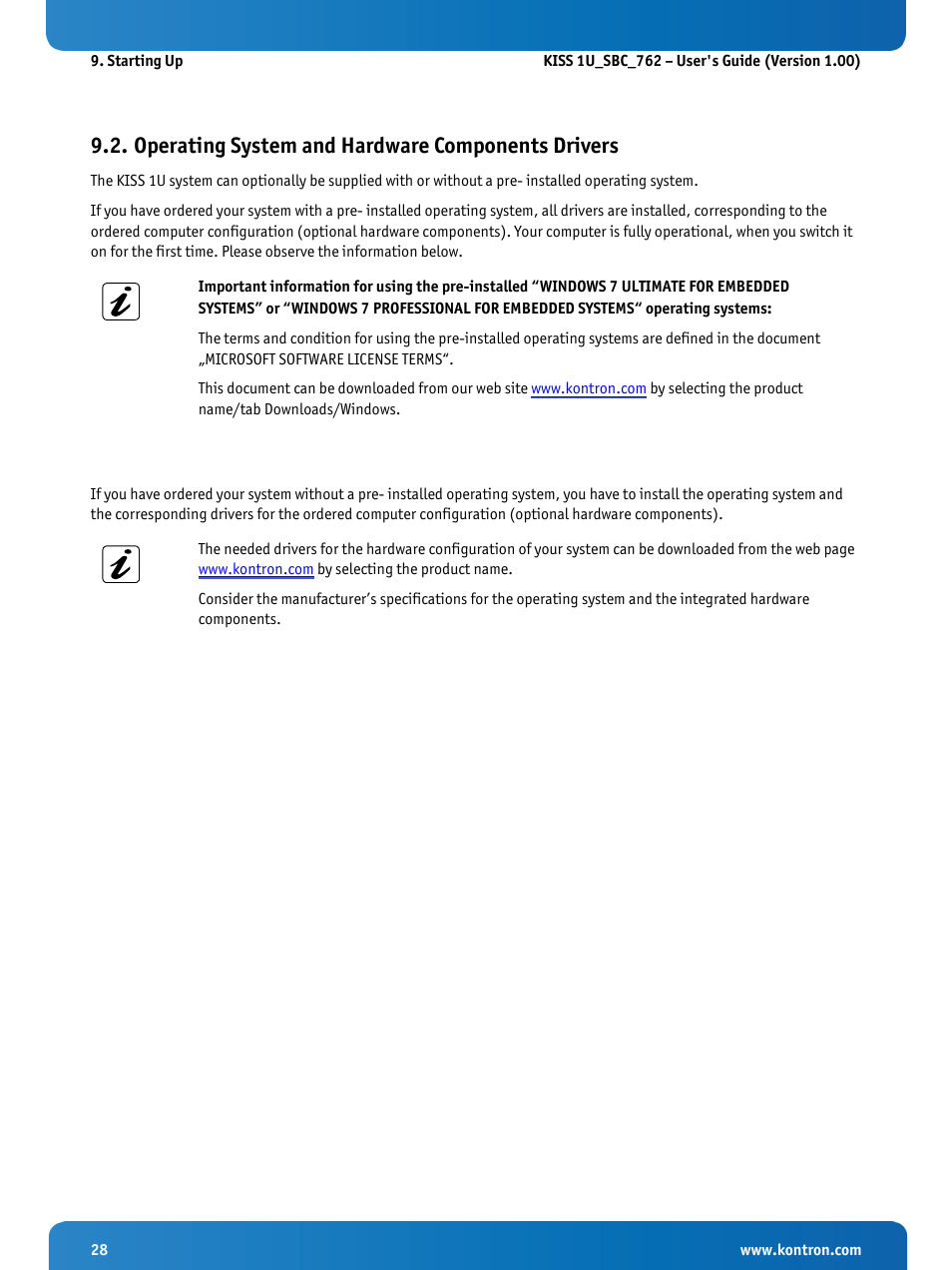 Operating system and hardware components drivers | Kontron KISS 1U PCI 762 User Manual | Page 30 / 41