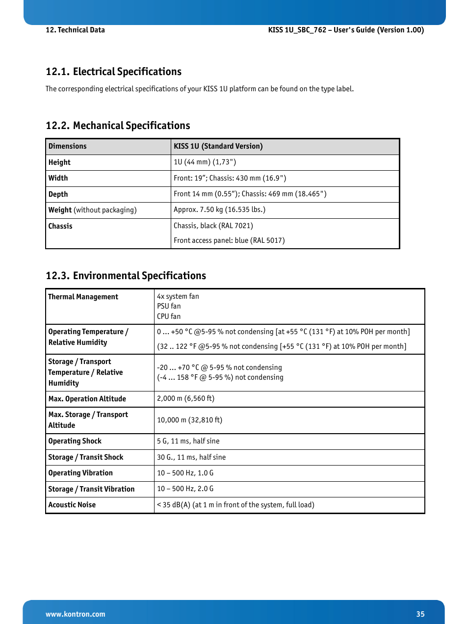 Electrical specifications, Mechanical specifications, Environmental specifications | Kontron KISS 1U PCI 762 User Manual | Page 37 / 41