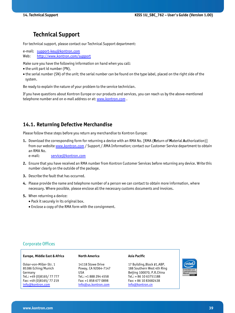 Technical support, Returning defective merchandise | Kontron KISS 1U PCI 762 User Manual | Page 41 / 41