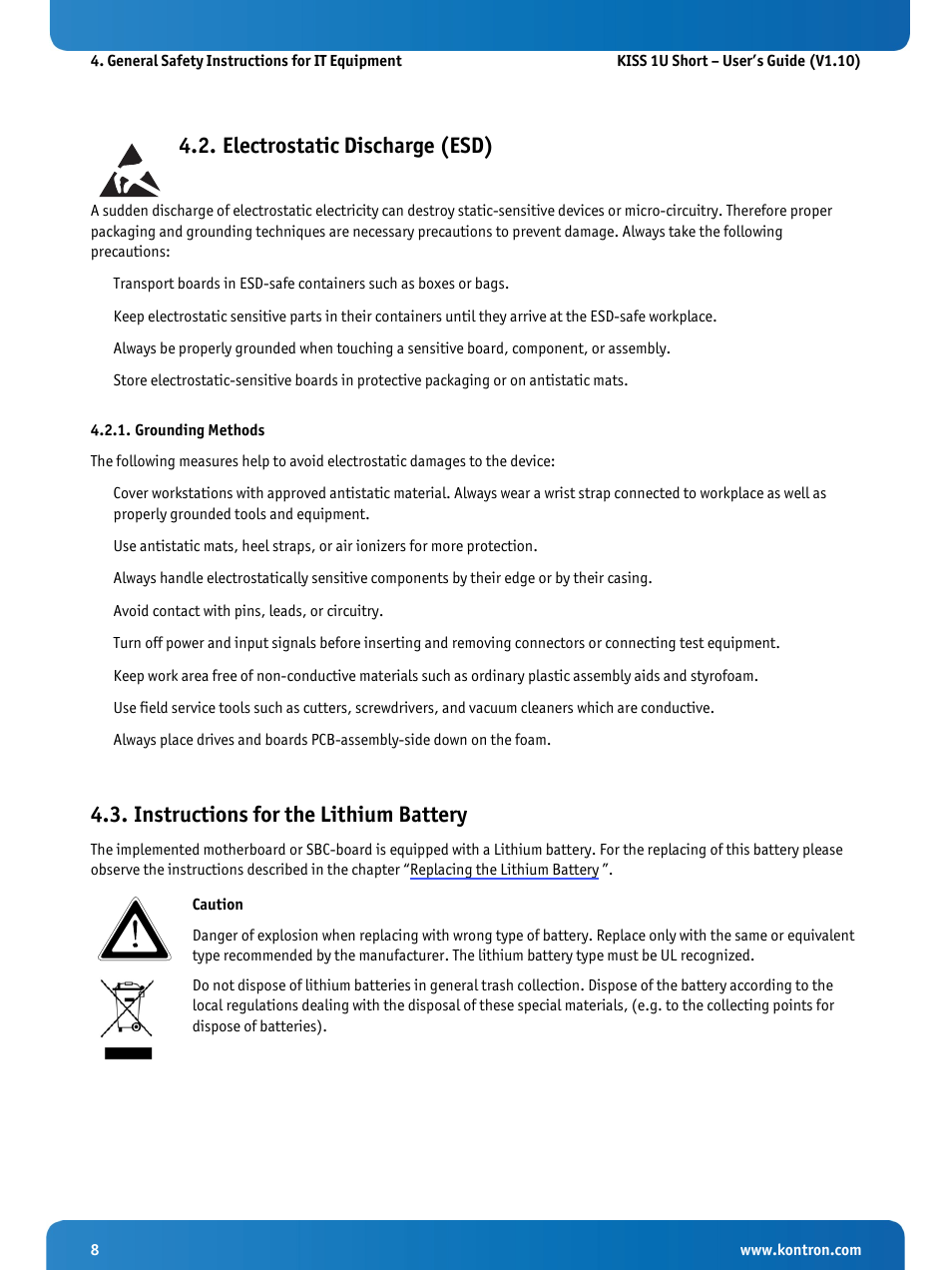Electrostatic discharge (esd), Grounding methods, Instructions for the lithium battery | Kontron KISS 1U Short KTQM77 Users Guide User Manual | Page 10 / 37