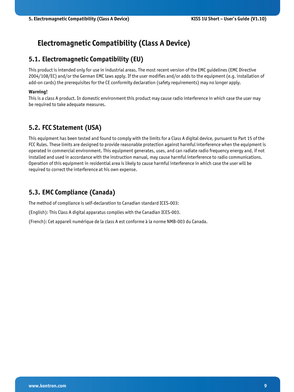 Electromagnetic compatibility (class a device), Electromagnetic compatibility (eu), Fcc statement (usa) | Emc compliance (canada) | Kontron KISS 1U Short KTQM77 Users Guide User Manual | Page 11 / 37