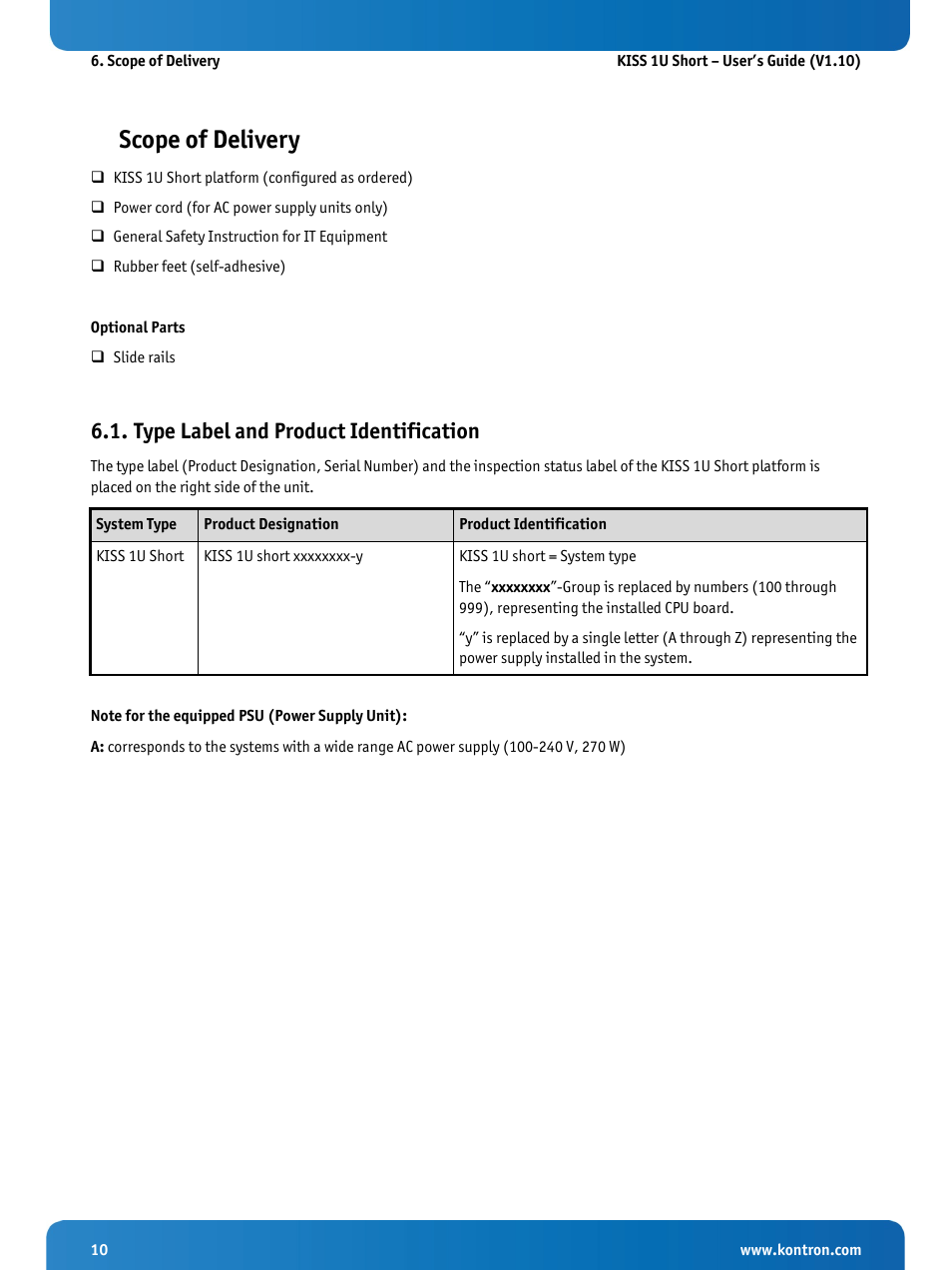 Scope of delivery, Type label and product identification | Kontron KISS 1U Short KTQM77 Users Guide User Manual | Page 12 / 37