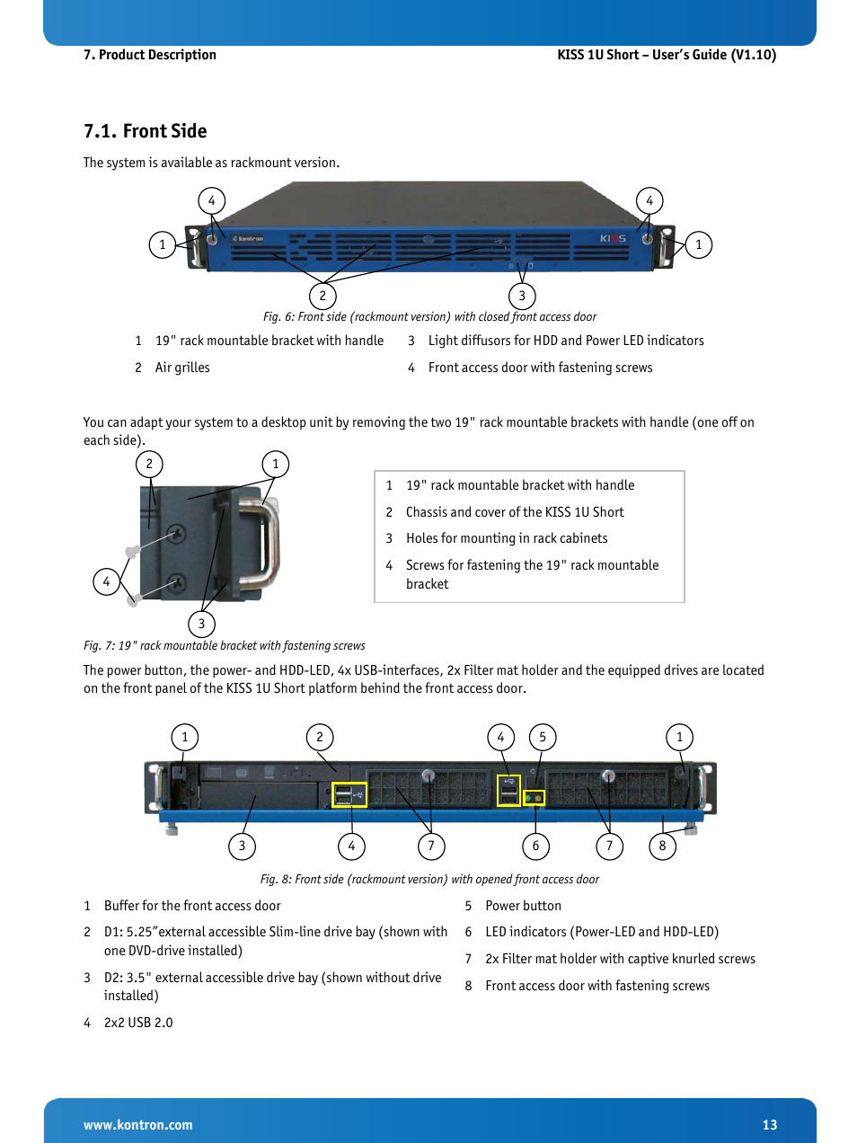 Front side | Kontron KISS 1U Short KTQM77 Users Guide User Manual | Page 15 / 37