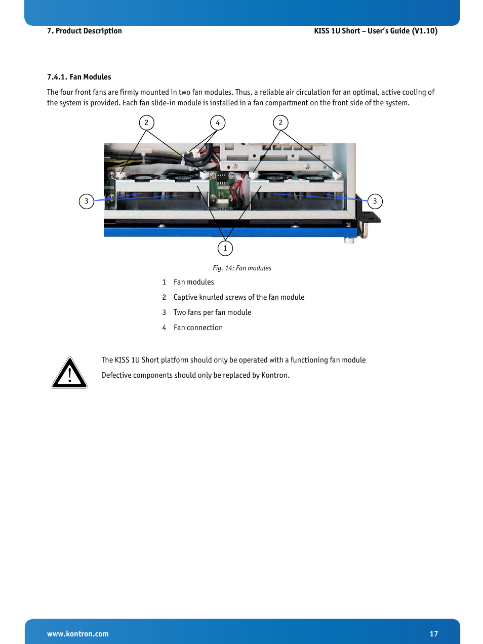 Fan modules, Fig. 14: fan modules | Kontron KISS 1U Short KTQM77 Users Guide User Manual | Page 19 / 37