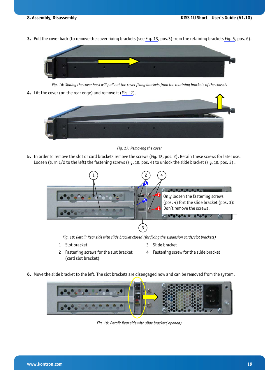Fig. 17: removing the cover | Kontron KISS 1U Short KTQM77 Users Guide User Manual | Page 21 / 37