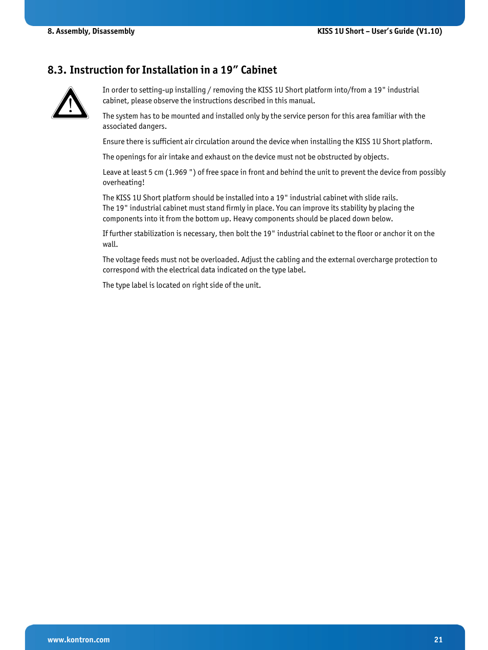 Instruction for installation in a 19” cabinet | Kontron KISS 1U Short KTQM77 Users Guide User Manual | Page 23 / 37