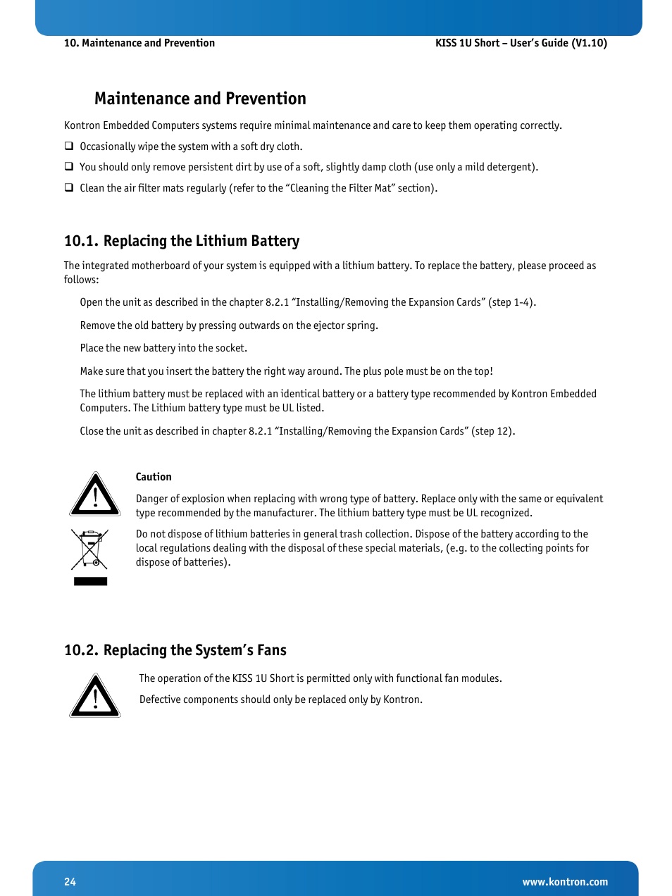 Maintenance and prevention, Replacing the lithium battery, Replacing the system’s fans | Kontron KISS 1U Short KTQM77 Users Guide User Manual | Page 26 / 37