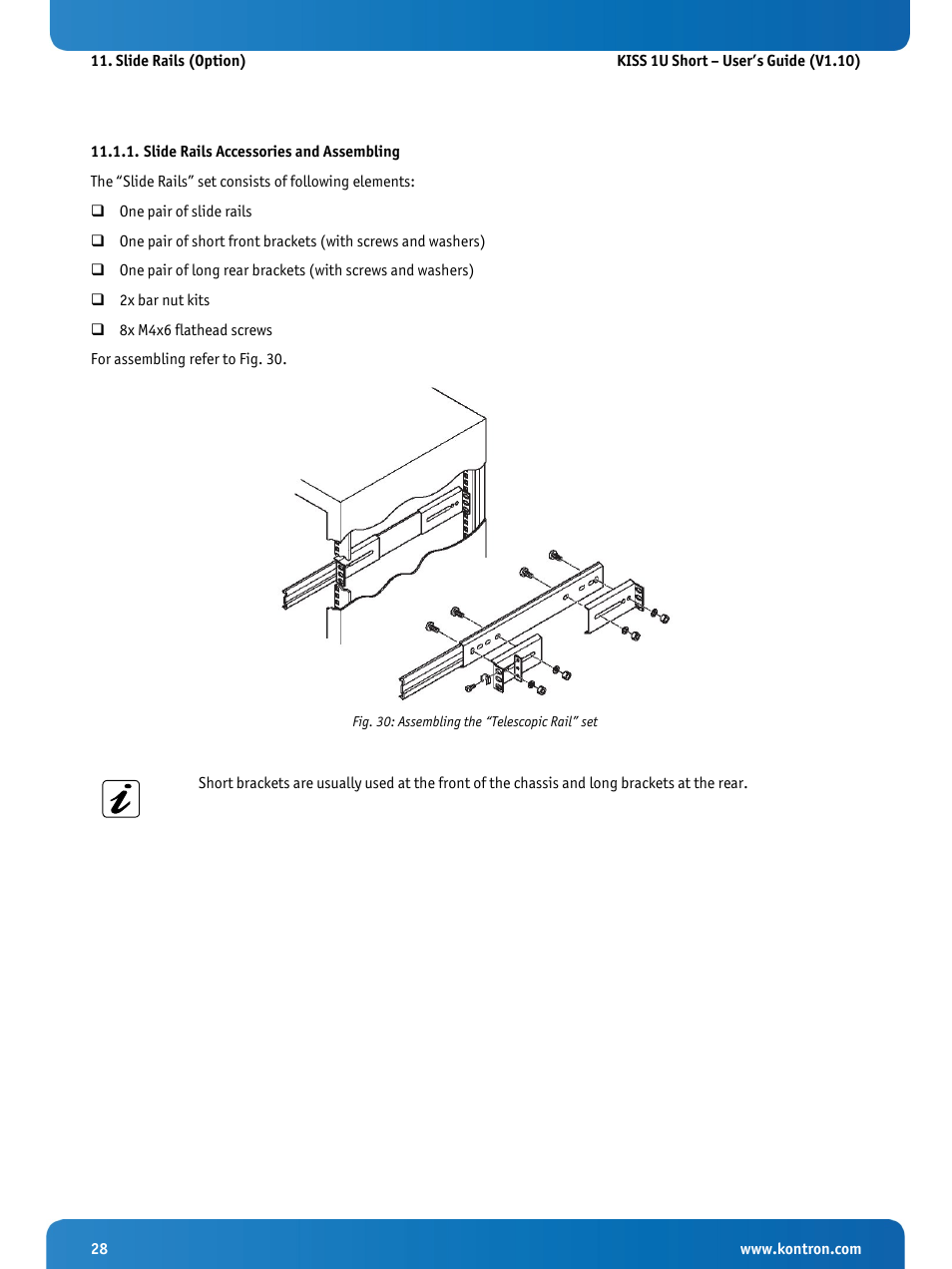 Slide rails accessories and assembling, Fig. 30: assembling the “telescopic rail” set | Kontron KISS 1U Short KTQM77 Users Guide User Manual | Page 30 / 37
