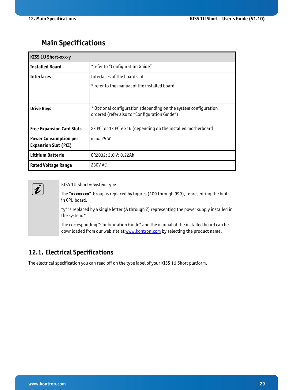 Main specifications, Electrical specifications | Kontron KISS 1U Short KTQM77 Users Guide User Manual | Page 31 / 37