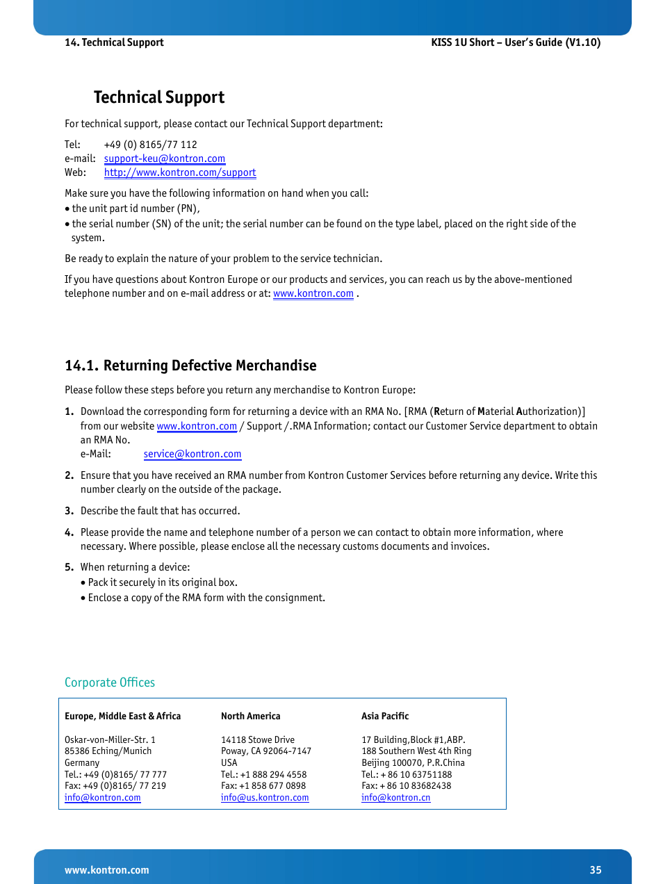 Technical support, Returning defective merchandise | Kontron KISS 1U Short KTQM77 Users Guide User Manual | Page 37 / 37