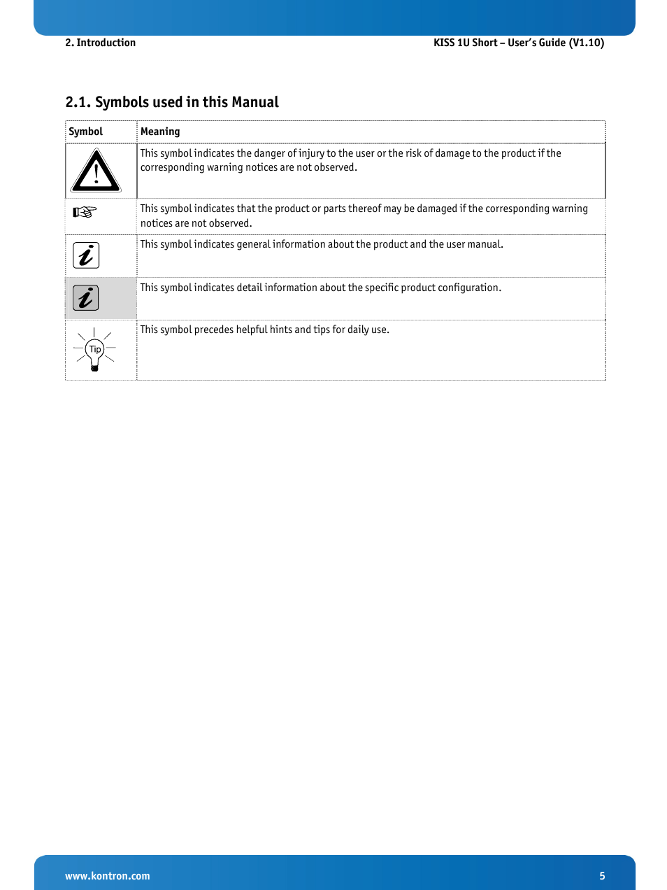 Symbols used in this manual | Kontron KISS 1U Short KTQM77 Users Guide User Manual | Page 7 / 37