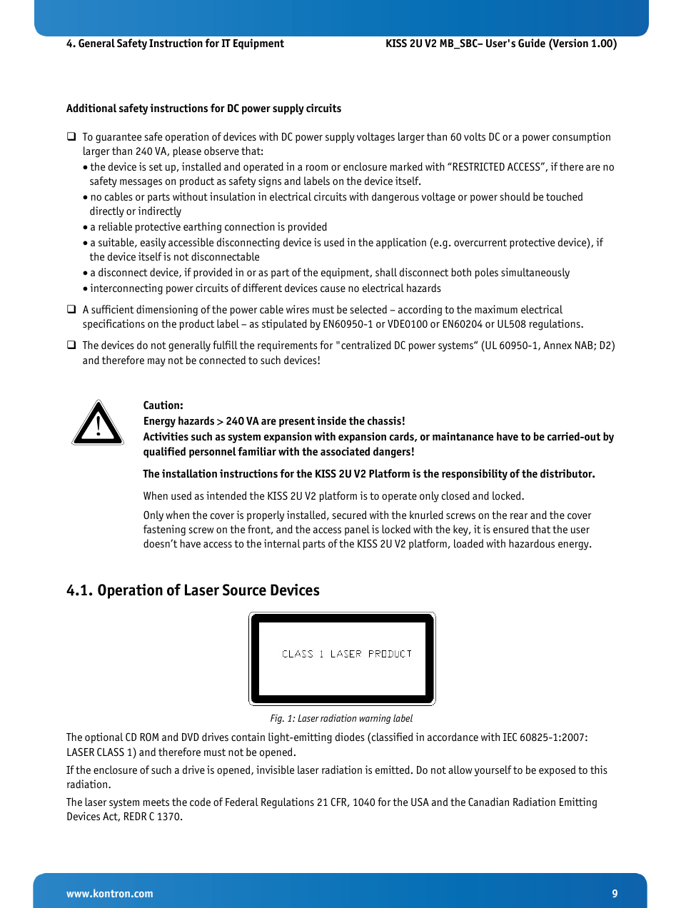 Operation of laser source devices, Fig. 1: laser radiation warning label | Kontron KISS 2U KTQ87 User Manual | Page 11 / 49