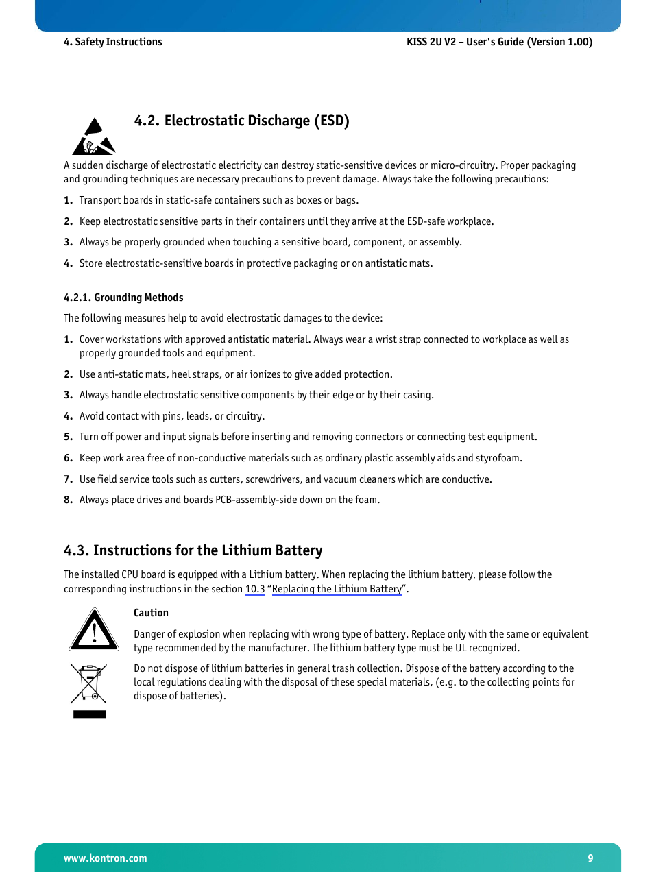Electrostatic discharge (esd), Grounding methods, Instructions for the lithium battery | Kontron KISS 2U X9SCM Low profile User Manual | Page 11 / 50
