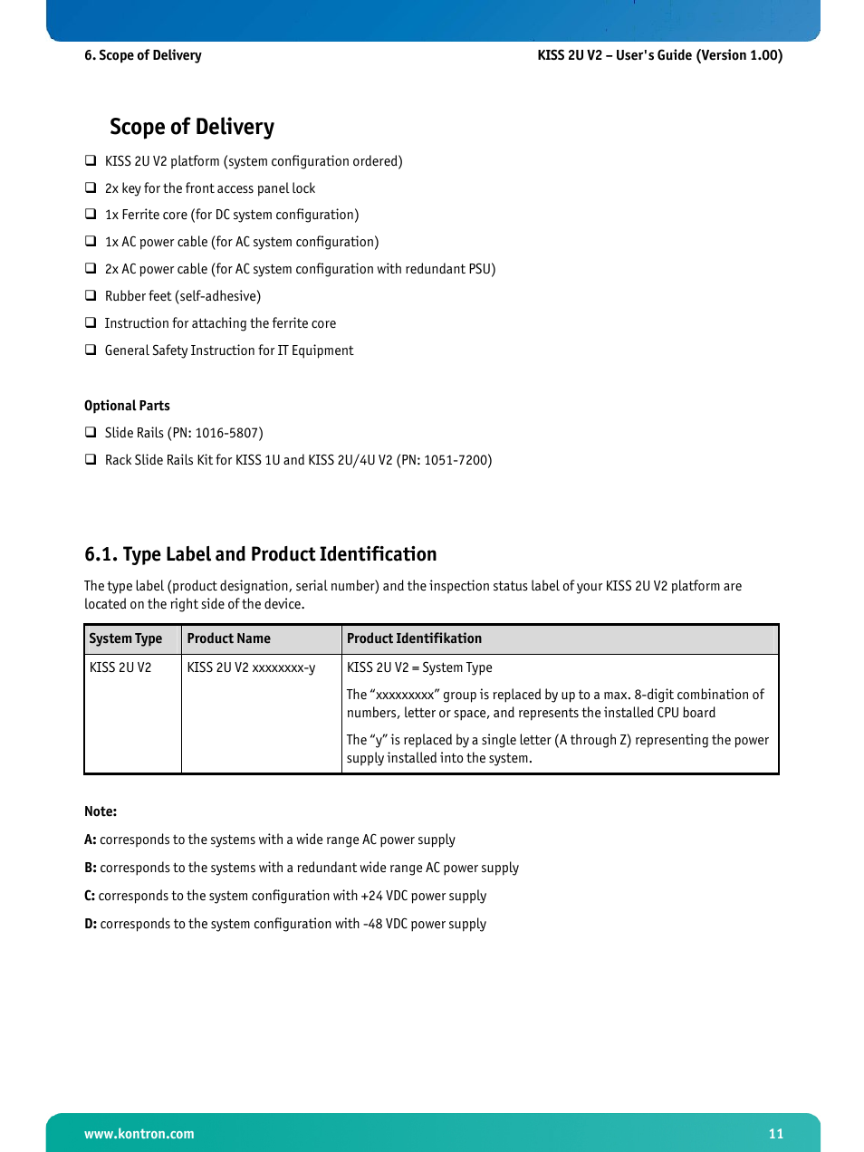 Scope of delivery, Type label and product identification | Kontron KISS 2U X9SCM Low profile User Manual | Page 13 / 50