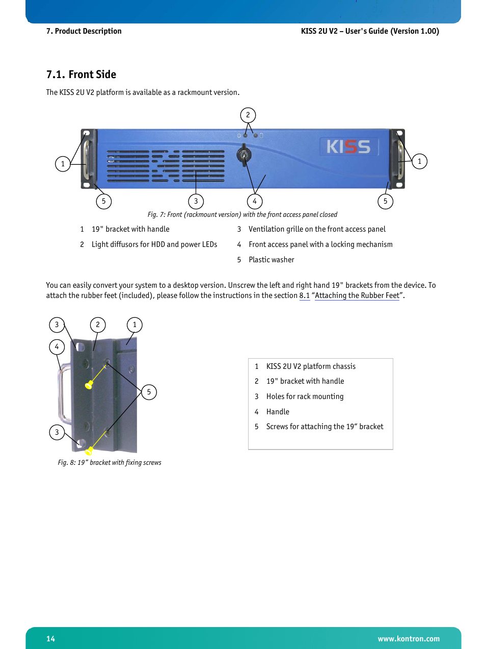 Front side, Fig. 8: 19” bracket with fixing screws | Kontron KISS 2U X9SCM Low profile User Manual | Page 16 / 50