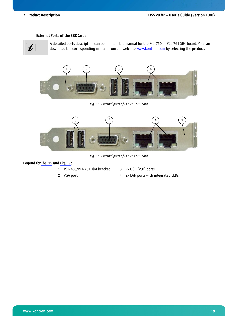 Fig. 15: external ports of pci-760 sbc card, Fig. 16: external ports of pci-761 sbc card, Fig. 15 | Kontron KISS 2U X9SCM Low profile User Manual | Page 21 / 50