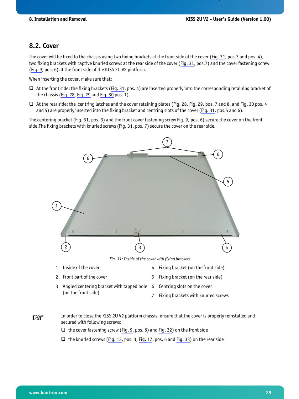 Cover, Fig. 31: inside of the cover with fixing brackets | Kontron KISS 2U X9SCM Low profile User Manual | Page 31 / 50