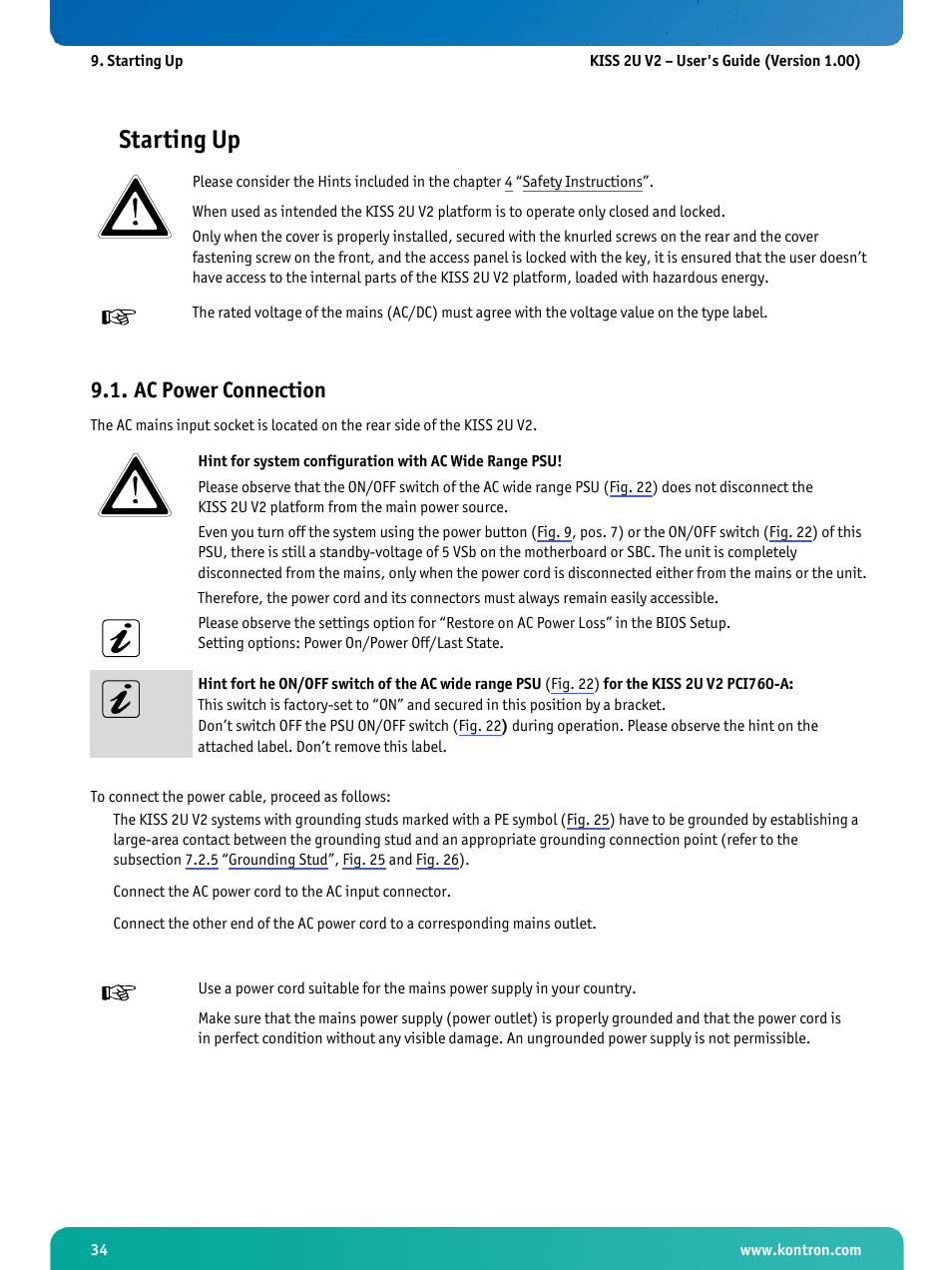 Starting up, Ac power connection | Kontron KISS 2U X9SCM Low profile User Manual | Page 36 / 50