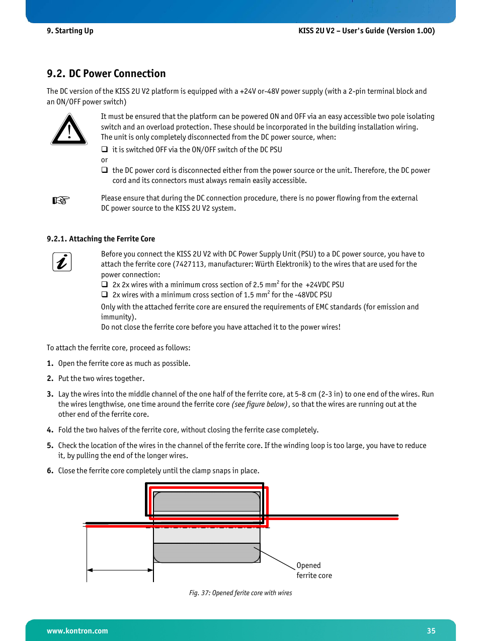 Dc power connection, Attaching the ferrite core, Fig. 37: opened ferite core with wires | Kontron KISS 2U X9SCM Low profile User Manual | Page 37 / 50