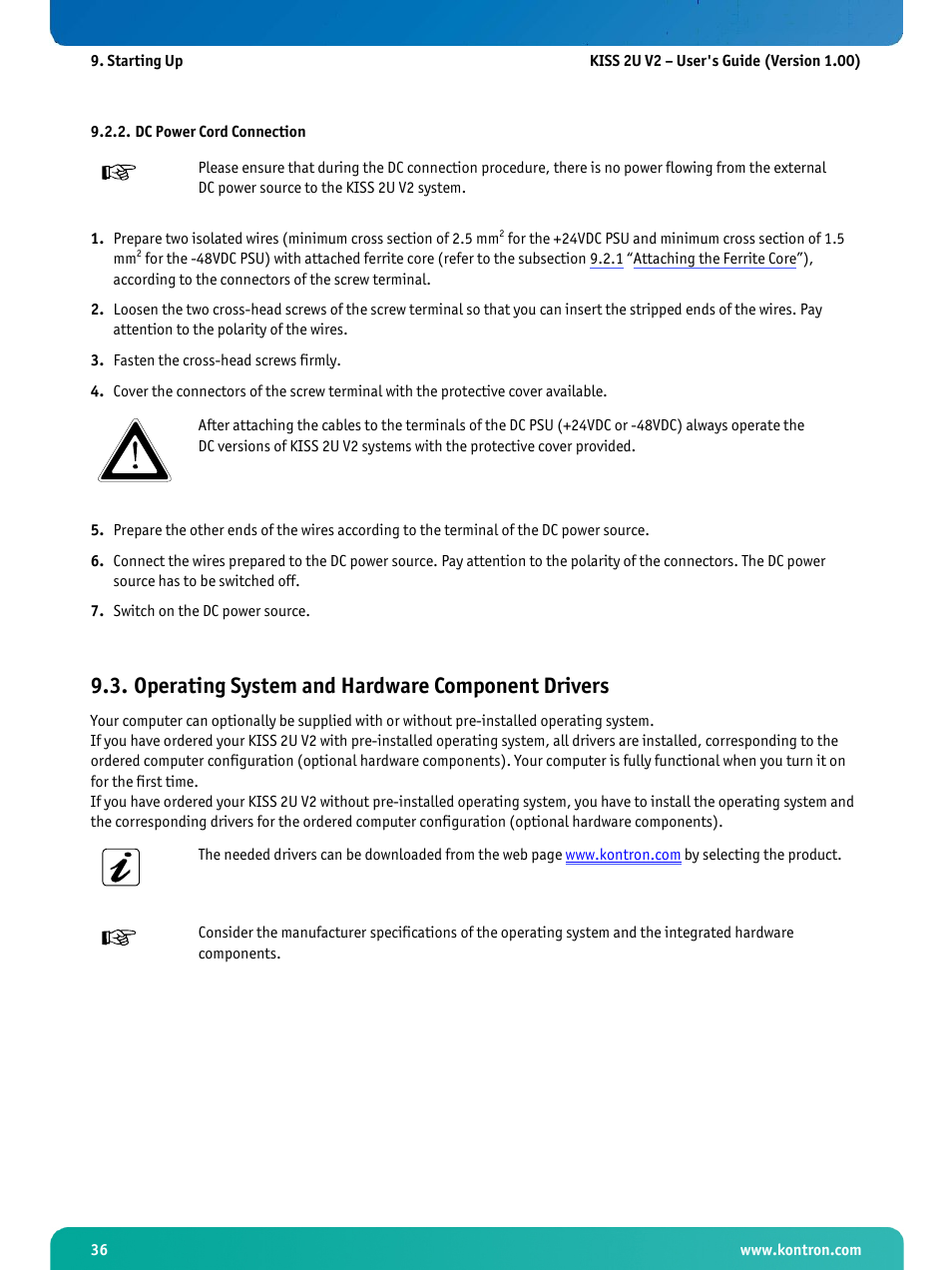 Dc power cord connection, Operating system and hardware component drivers | Kontron KISS 2U X9SCM Low profile User Manual | Page 38 / 50